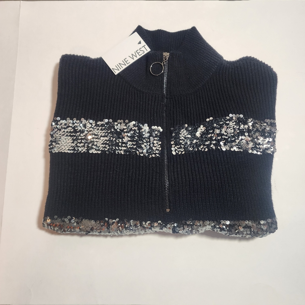 NINE WEST WOMEN'S SWEATER BLACK SEQUIN LARGE ZIPPER LONG SLEEVE NWT SPARKLE